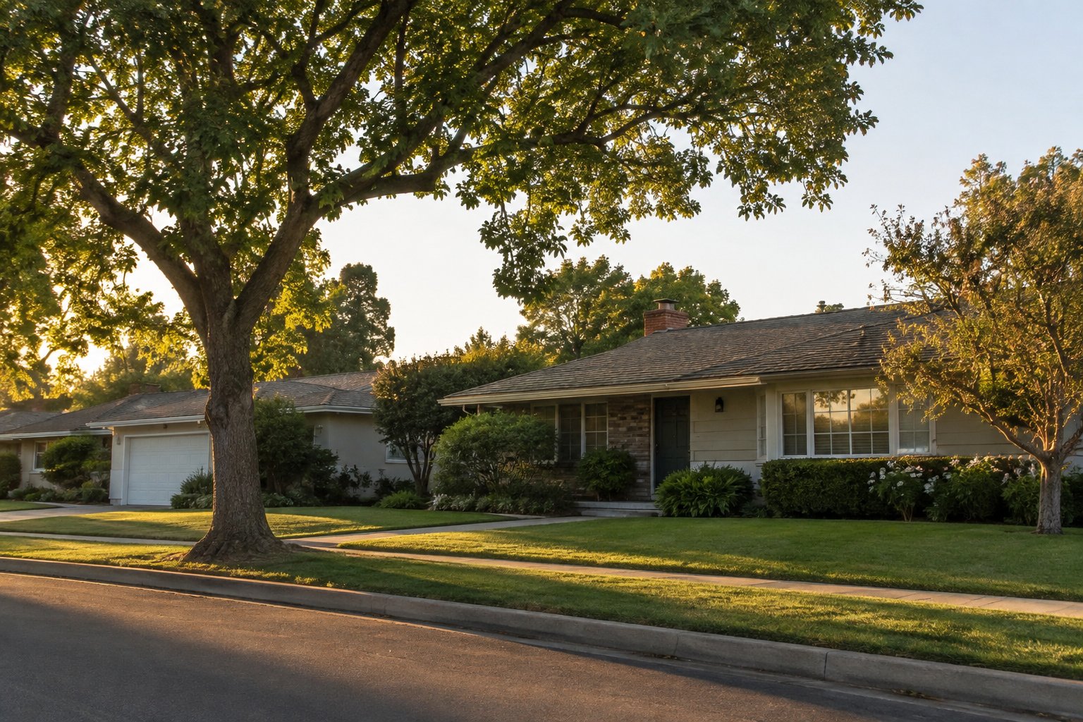 A quiet Orange County street with landscaped homes, illustrative