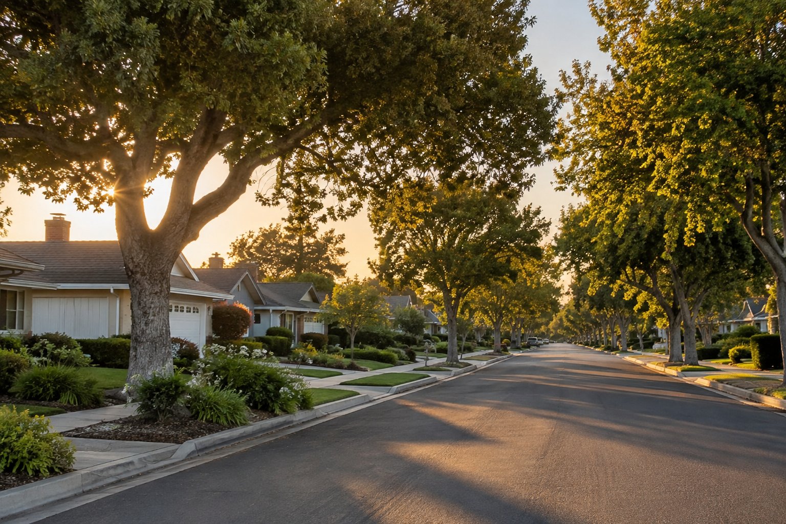 An Orange County street with landscaped homes, illustrative