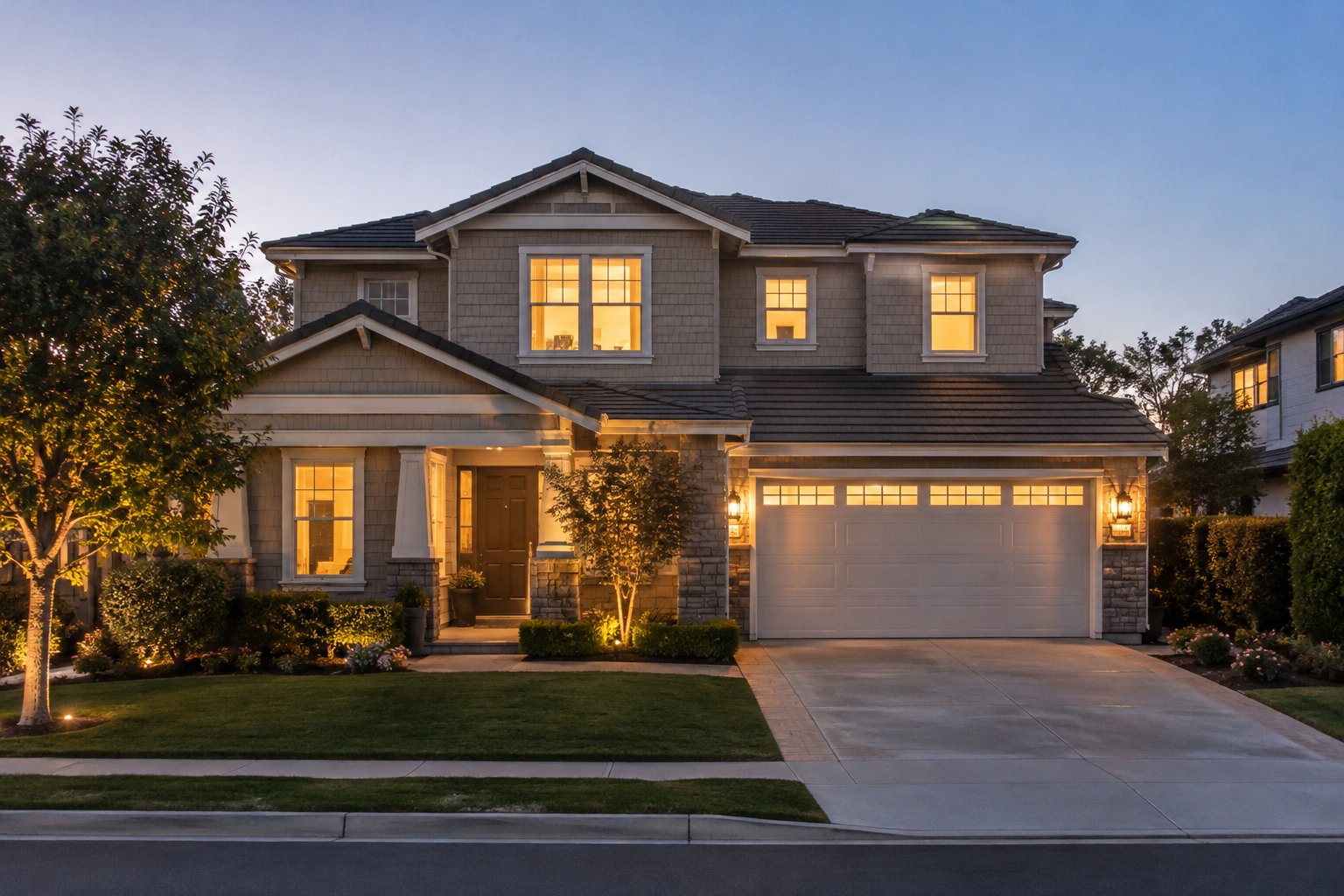 An Orange County home at dusk, illustrative