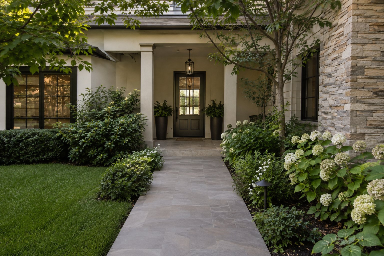 A covered front entry of a California home, illustrative