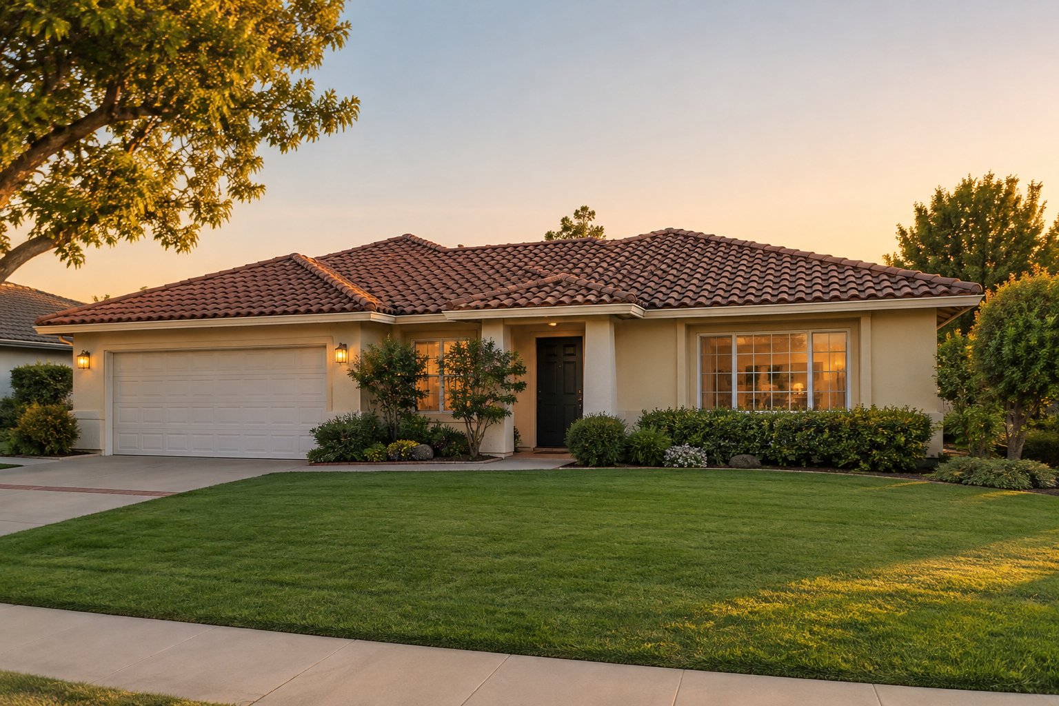A single story Orange County home with a tile roof at sunset, illustrative